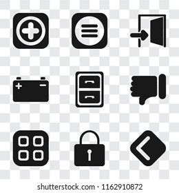 Set Of 9 simple transparency icons such as Back, Locked, Menu, Dislike, Archive, Battery, Exit, Add, can be used for mobile, pixel perfect vector icon pack on transparent background