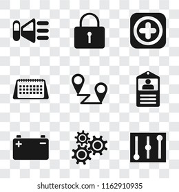 Set Of 9 simple transparency icons such as Controls, Settings, Battery, Id card, Placeholders, Calendar, Add, Locked, Speaker, can be used for mobile, pixel perfect vector icon pack on transparent
