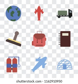 Set Of 9 simple transparency icons such as Igloo, Plane, Aqualung, Notebook, Backpack, Stamp, Trailer, Airplane, Travel, can be used for mobile, pixel perfect vector icon pack on transparent
