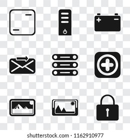 Set Of 9 simple transparency icons such as Locked, Picture, Photos, Add, Database, Send, Battery, Server, Frame, can be used for mobile, pixel perfect vector icon pack on transparent background