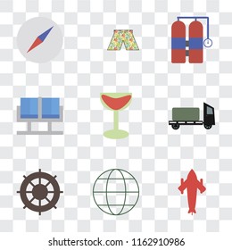 Set Of 9 simple transparency icons such as Airplane, Globe, Helm, Trailer, Cocktail, Waiting room, Aqualung, Swimsuit, Compass, can be used for mobile, pixel perfect vector icon pack on transparent