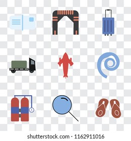 Set Of 9 simple transparency icons such as Flip flops, Search, Aqualung, Seashell, Airplane, Trailer, Luggage, Arch, Postcards, can be used for mobile, pixel perfect vector icon pack on transparent