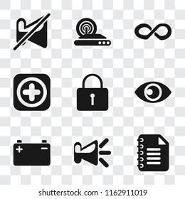 Set Of 9 simple transparency icons such as Notepad, Speaker, Battery, View, Locked, Add, Infinity, Wireless internet, Muted, can be used for mobile, pixel perfect vector icon pack on transparent
