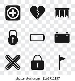 Set Of 9 simple transparency icons such as Flag, Locked, Multiply, Battery, Bookmark, Dislike, Add, can be used for mobile, pixel perfect vector icon pack on transparent background