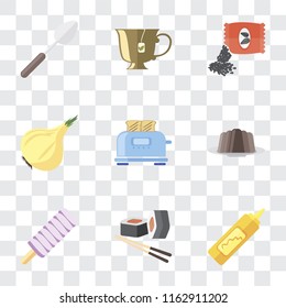 Set Of 9 simple transparency icons such as Mustard, Sushi, Ice cream, Pudding, Toaster, Onion, Seeds, Tea, Spoon, can be used for mobile, pixel perfect vector icon pack on transparent background