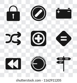 Set Of 9 simple transparency icons such as Street, Volume control, Rewind, Equal, Add, Shuffle, Battery, Forbidden, Locked, can be used for mobile, pixel perfect vector icon pack on transparent