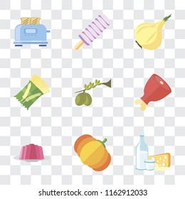 Set Of 9 simple transparency icons such as Dairy, Pumpkin, Jelly, Ham, Olives, Pasta, Onion, Ice cream, Toaster, can be used for mobile, pixel perfect vector icon pack on transparent background