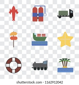 Set Of 9 simple transparency icons such as Island, Railway, Lifebuoy, Starfish, Ship, Pointer, Trailer, Aqualung, Airplane, can be used for mobile, pixel perfect vector icon pack on transparent