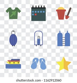 Set Of 9 simple transparency icons such as Star, Flip flops, Cruise, Oxygen, Bellhop, Luggage, Sand bucket, Calendar, Shirt, can be used for mobile, pixel perfect vector icon pack on transparent
