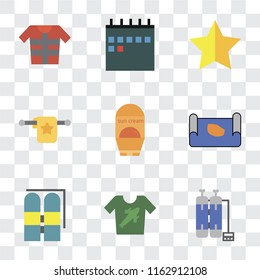 Set Of 9 simple transparency icons such as Oxygen tank, Shirt, Aqualung, Map, Sun protection, Towel, Star, Calendar, Lifejacket, can be used for mobile, pixel perfect vector icon pack on transparent