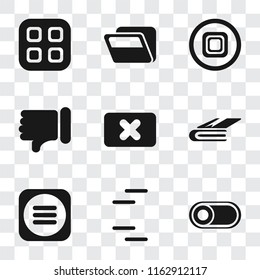Set Of 9 simple transparency icons such as Switch, Menu, Notebook, Close, Dislike, Stop, Folder, can be used for mobile, pixel perfect vector icon pack on transparent background