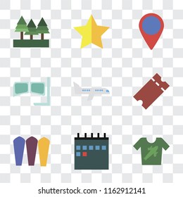 Set Of 9 simple transparency icons such as Shirt, Calendar, Surfing, Tickets, Airplane, Snorkel, Location, Star, Forest, can be used for mobile, pixel perfect vector icon pack on transparent
