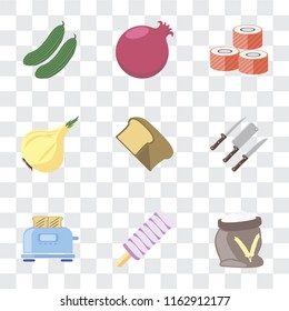 Set Of 9 simple transparency icons such as Flour, Ice cream, Toaster, Knives, Bread, Onion, Sushi, Pomegranate, Cucumber, can be used for mobile, pixel perfect vector icon pack on transparent