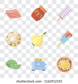 Set Of 9 simple transparency icons such as Pizza, Toaster, Lime, Ice cream, Onion, Doughnut, Jam, Bacon, can be used for mobile, pixel perfect vector icon pack on transparent background