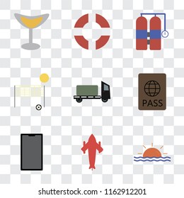 Set Of 9 simple transparency icons such as Sunset, Airplane, Phone, Passport, Trailer, Beach volleyball, Aqualung, Lifebuoy, Cocktail, can be used for mobile, pixel perfect vector icon pack on