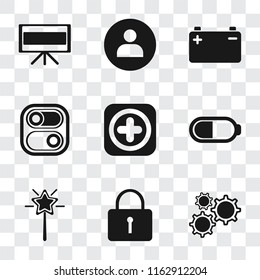 Set Of 9 simple transparency icons such as Settings, Locked, Magic wand, Battery, Add, Switch, User, Television, can be used for mobile, pixel perfect vector icon pack on transparent