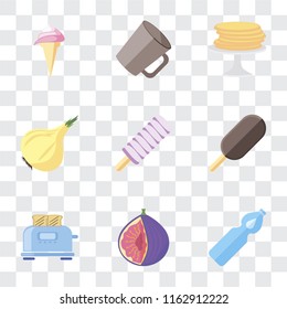 Set Of 9 simple transparency icons such as Water, Fig, Toaster, Ice cream, Onion, Pancakes, Mug, can be used for mobile, pixel perfect vector icon pack on transparent background