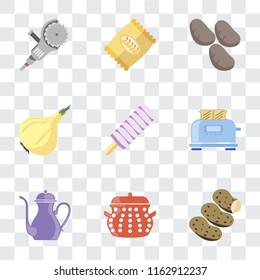 Set Of 9 simple transparency icons such as Potatoes, Pot, Teapot, Toaster, Ice cream, Onion, Chips, Grinder, can be used for mobile, pixel perfect vector icon pack on transparent background