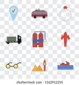 Set Of 9 simple transparency icons such as Water craft, Landmark, Sunglasses, Airplane, Aqualung, Trailer, Ring, Minivan, Check in, can be used for mobile, pixel perfect vector icon pack on