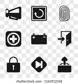 Set Of 9 simple transparency icons such as Upload, Skip, Locked, Exit, Battery, Add, Fingerprint, Restart, Megaphone, can be used for mobile, pixel perfect vector icon pack on transparent background