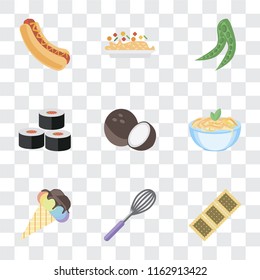 Set Of 9 simple transparency icons such as Biscuit, Whisk, Ice cream, Pasta, Coconut, Sushi, Peas, Risotto, Hot dog, can be used for mobile, pixel perfect vector icon pack on transparent background