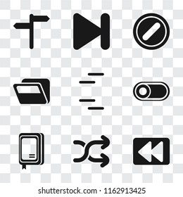 Set Of 9 simple transparency icons such as Rewind, Shuffle, Notebook, Switch, Folder, Forbidden, Next, , can be used for mobile, pixel perfect vector icon pack on transparent background