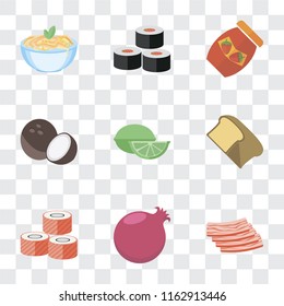 Set Of 9 simple transparency icons such as Bacon, Pomegranate, Sushi, Bread, Lime, Coconut, Jam, Pasta, can be used for mobile, pixel perfect vector icon pack on transparent background