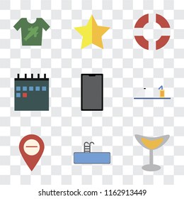 Set Of 9 simple transparency icons such as Cocktail, Swimming pool, Map, Room service, Phone, Calendar, Lifebuoy, Star, Shirt, can be used for mobile, pixel perfect vector icon pack on transparent