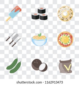 Set Of 9 simple transparency icons such as Flour, Coconut, Cucumber, Pizza, Pasta, Knives, Doughnut, Sushi, Ice cream, can be used for mobile, pixel perfect vector icon pack on transparent background