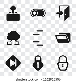 Set Of 9 simple transparency icons such as Locked, Lock, Skip, Folder, Cloud computing, Exit, Switch, Upload, can be used for mobile, pixel perfect vector icon pack on transparent background