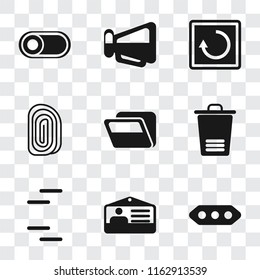 Set Of 9 simple transparency icons such as More, Id card, Trash, Folder, Fingerprint, Restart, Megaphone, Switch, can be used for mobile, pixel perfect vector icon pack on transparent background