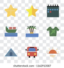Set Of 9 simple transparency icons such as Sunset, Bus, Tent, Shirt, Island, Ship, Calendar, Star, Starfish, can be used for mobile, pixel perfect vector icon pack on transparent background