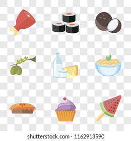 Set Of 9 simple transparency icons such as Ice cream, Cupcake, Pie, Pasta, Dairy, Olives, Coconut, Sushi, Ham, can be used for mobile, pixel perfect vector icon pack on transparent background