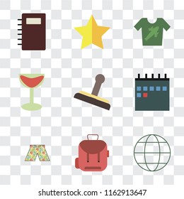 Set Of 9 simple transparency icons such as Globe, Backpack, Swimsuit, Calendar, Stamp, Cocktail, Shirt, Star, Notebook, can be used for mobile, pixel perfect vector icon pack on transparent