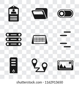 Set Of 9 simple transparency icons such as Picture, Placeholders, Server, Calendar, Database, Switch, Folder, Id card, can be used for mobile, pixel perfect vector icon pack on transparent background