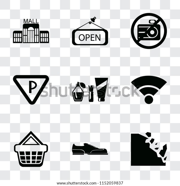 Set Of 9 simple transparency icons such as Falling\
rocks, Shoes, Shopping basket, Wifi, Cosmetics, Parking, No camera,\
Open, Mall, can be used for mobile, pixel perfect vector icon pack\
on