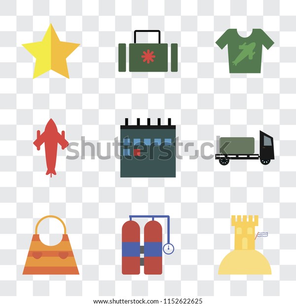 Set\
Of 9 simple transparency icons such as Sand castle, Aqualung, Bag,\
Trailer, Calendar, Airplane, Shirt, Suitcase, Star, can be used for\
mobile, pixel perfect vector icon pack on\
transparent