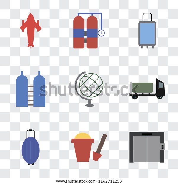 Set Of 9 simple transparency icons such as\
Elevator, Sand bucket, Luggage, Trailer, Globe, Oxygen, Suitcases,\
Aqualung, Airplane, can be used for mobile, pixel perfect vector\
icon pack on transparent