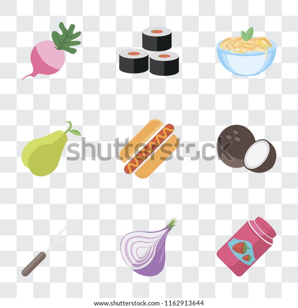 Set Of\
9 simple transparency icons such as Jam, Onion, Fork, Coconut, Hot\
dog, Pear, Pasta, Sushi, Radish, can be used for mobile, pixel\
perfect vector icon pack on transparent\
background
