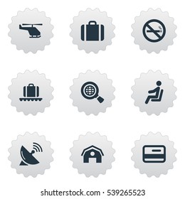 Set Of 9 Simple Transportation Icons. Can Be Found Such Elements As Global Research, Handbag, Seat.