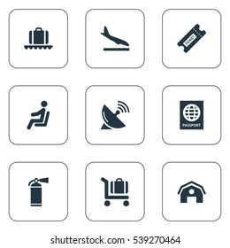 Set Of 9 Simple Transportation Icons. Can Be Found Such Elements As Seat, Antenna, Certificate Of Citizenship And Other.