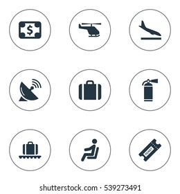 Set Of 9 Simple Transportation Icons. Can Be Found Such Elements As Seat, Currency, Alighting Plane And Other.