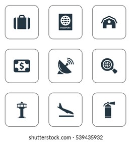 Set Of 9 Simple Transportation Icons. Can Be Found Such Elements As Currency, Garage, Protection Tool And Other.