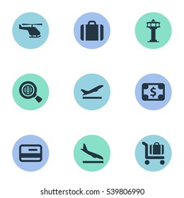 Set Of 9 Simple Transportation Icons. Can Be Found Such Elements As Handbag, Alighting Plane, Air Transport.