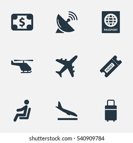 Set Of 9 Simple Transportation Icons. Can Be Found Such Elements As Alighting Plane, Certificate Of Citizenship, Antenna And Other.