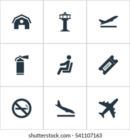 Set Of 9 Simple Transportation Icons. Can Be Found Such Elements As Protection Tool, Flight Control Tower, Seat And Other.