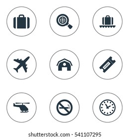 Set Of 9 Simple Transportation Icons. Can Be Found Such Elements As Handbag, Watch , Global Research.