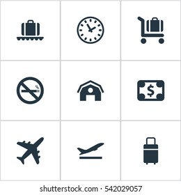 Set Of 9 Simple Transportation Icons. Can Be Found Such Elements As Watch, Cigarette Forbidden, Takeoff And Other.