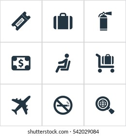 Set Of 9 Simple Transportation Icons. Can Be Found Such Elements As Baggage Cart, Plane, Coupon And Other.