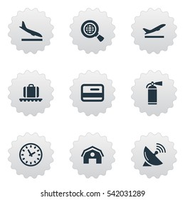 Set Of 9 Simple Transportation Icons. Can Be Found Such Elements As Watch, Alighting Plane, Global Research And Other.